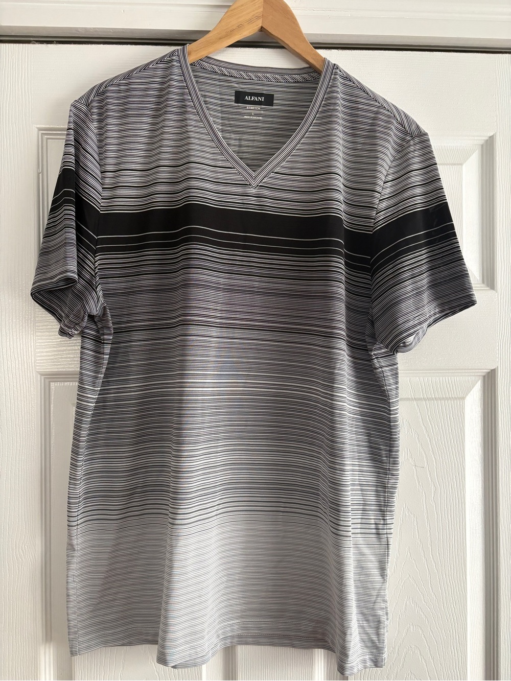 Alfani Men’s Gray and Black Striped V‑Neck Tee